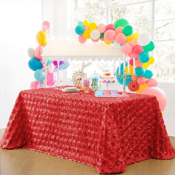 B-COOL Red Tablecloth 90x132 Inch Satin Rose Floral Table Overlays for Rectangle Tables Wedding Baby Shower Events Party Decoration