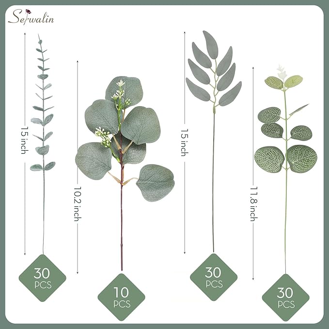 Serwalin 100pcs Artificial Mixed Eucalyptus Stems Leaves Bulk, 4Kinds Fake Greenery Silver Dollar Eucalyptus Leaves Picks,Faux Greenry Stems Sprays for DIY Bouquets Floral Arrangement Home Decor