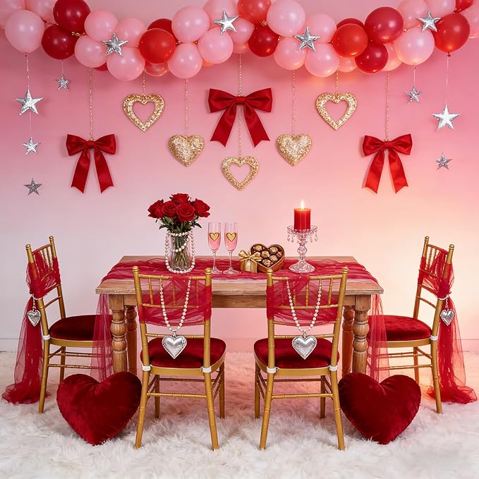 Tulle Table Runner Pearl Fabric: Red Mother's Day Veil Dessert Chiffon Pearl Lace Boho 12pcs Overlay Valentine's Wedding Aisle Runner Party Decorations Doilies Christmas