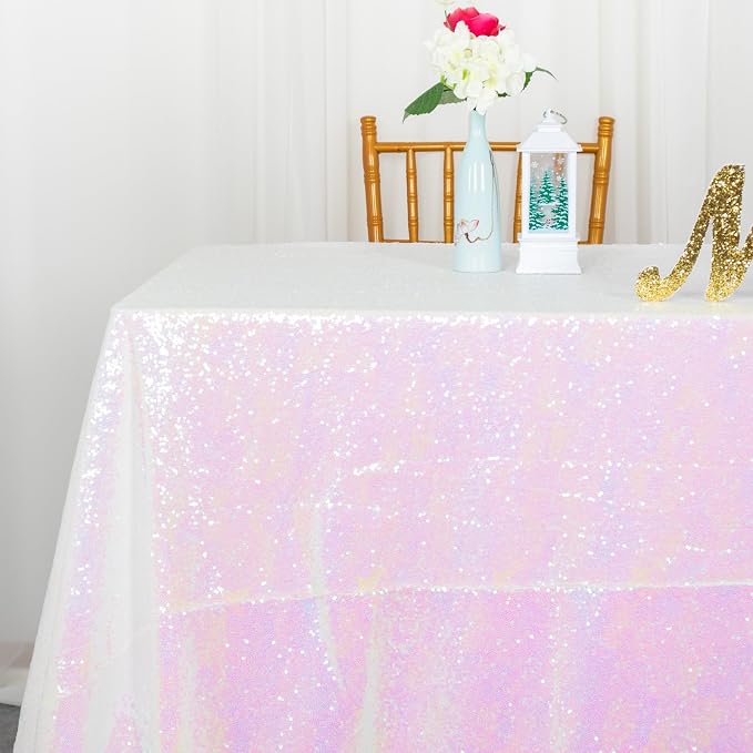 ShiDianYi Iridescent White Tablecloth 60X102 Inch Sequin Tablecloth Mermaid Tablecloth for Party White Table Cloth for Rectangle Table Glitter Tablecloth for Birthday Baby Shower Decorations