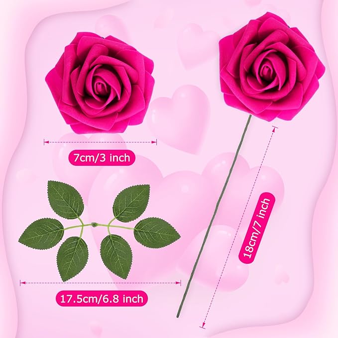 100 Pcs Artificial Foam Rose Flower Faux Bouquet Wedding Fake Rose Gift for Mother's Day Women DIY Bridal Shower Party Table Birthday Home Spring Decor (Hot Pink)