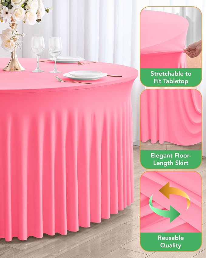 6 Pack Spandex Table Cover Skirts for 60 inch Round Tables, Pink Stretch Table Cloths with Floor-Length Ruffle, Elastic Fitted Skirted Tablecloth for Elegant Wedding Banquet Party Buffet Decoration