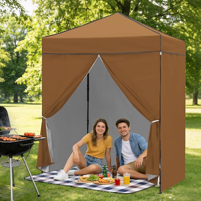 6x4 Pop Up Canopy Tent with Four Wall Panels, Instant Portable Beach Canopy, Outdoor Tent with Carry Bag for Camping, Sports, Tailgating, Events, Khaki