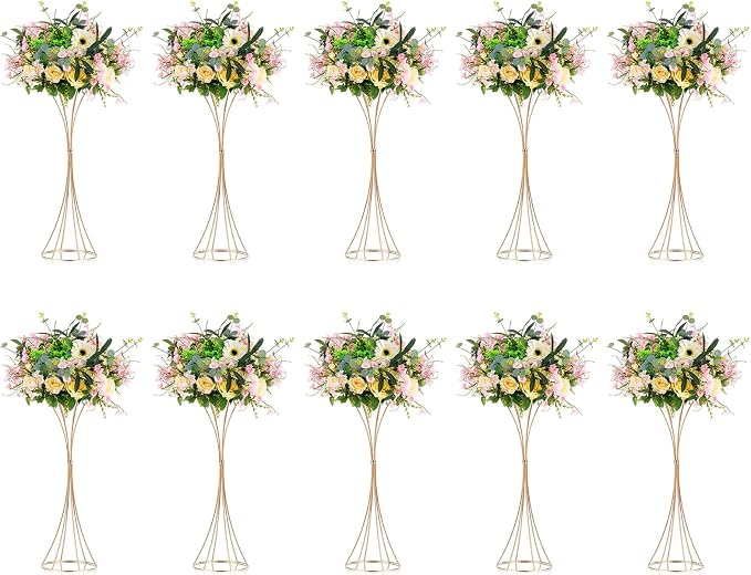 NUPTIO 10 Pcs Gold Trumpet Vase 26in Tall Metal Vase, Wedding Centerpieces for Tables, Artificial Arrangement Flower Stand for Anniversary Party Birthday Event Aisle Home Reception Decor