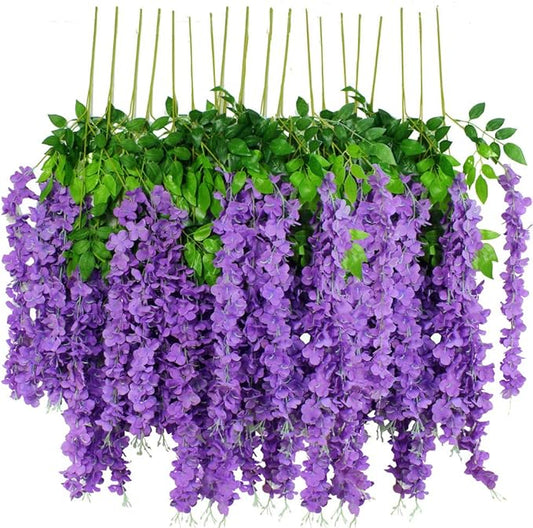 12pcs Artificial Wisteria Flowers 3.6 Feet/Piece Purple Dense Artificial Fake Wisteria Vine Ratta Hanging Garland Silk Flowers String Home Party Wedding Decor（Purple-Dense）
