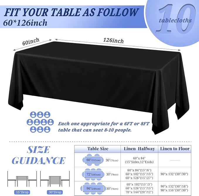 Pesonlook 10Pack Rectangle Tablecloth 60 x 126 inch, Black Polyester Table Cloth for 8 Foot Rectangle Tables, Washable Fabric Table Covers Polyester Table Clothes for Wedding Reception Banquet Party
