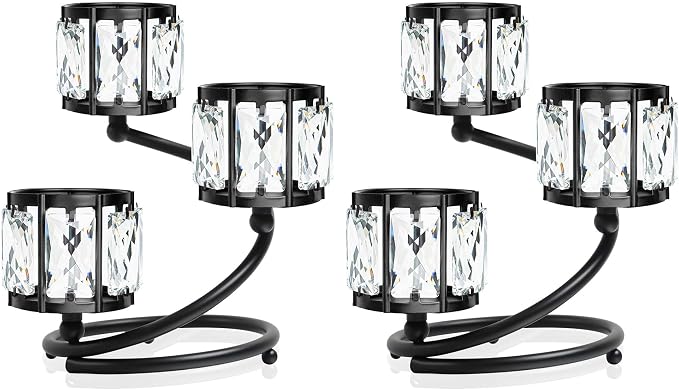 Metal 3 Arm Crystal Candle Holder - Tea Light Centerpiece Candle Holder, Votive Holder with Sparkling Crystal Bowl, Suitable for Wedding, Table Centerpiece, Home Decor (2, 3 arm-Black)