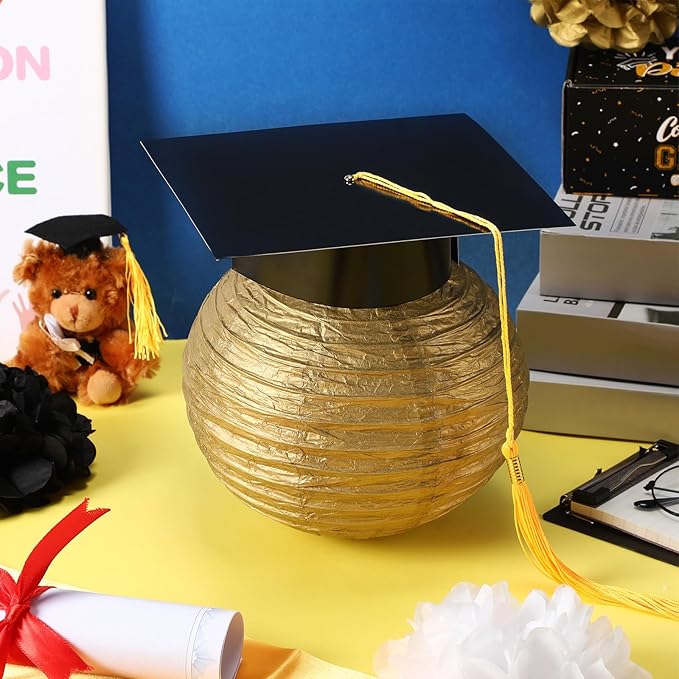 Gilprop 15 Pcs Black and Gold Graduation Decoration 2026 Paper Lanterns Graduation Party Decorations Hanging Round Paper Lanterns with Black Grad Hat Tassel for Congratulation Grad Decorations