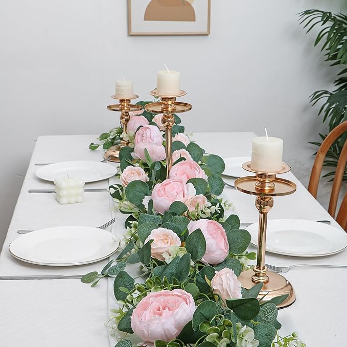 SOMYTING 2 Pack 13FT Flower Garland, Artificial Rose Vine Fake Flower Garland Silk Rose Peony Hanging Vine Faux Floral Garlands for Wedding Party Arch Table Wall Backdrop Decoration (Light Pink, 2PCS)