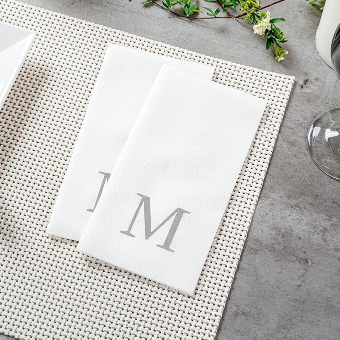 Luxenap 15.8 X 7.9 Inch Linen-Feel Guest Towels, 50 Lettered Hand Towels - Silver Letter 'M', Sans Serif Font, White Paper Dinner Napkins, airlaid, For Restrooms And Tables - Restaurantware