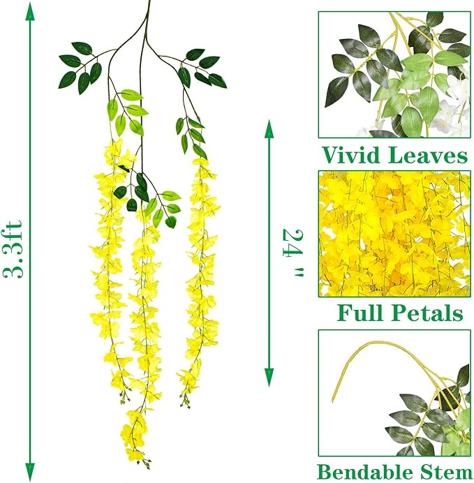 AITISOR 24 Pack Artificial Fake Wisteria Vine Ratta (3.75 Feet) Hanging Garland Silk Flowers String Home Party Wedding Decor (Yellow)