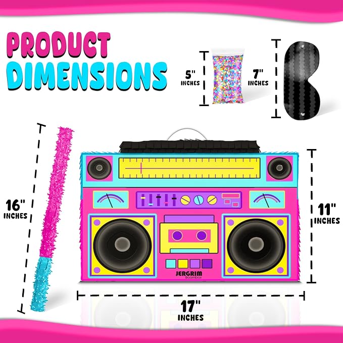 Jergrim Boombox Piñata 4-Piece Set perfect for Retro Birthday Party, Decorations, 80s Parties, Hip Hop 90s, 1980’s Radio Piñata for kids and adults (17”X10”) Durable!