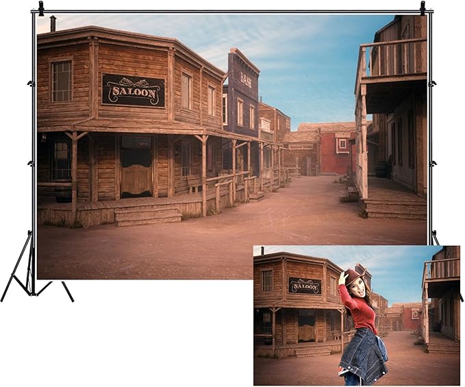 Renaiss Fabric Wild West Cowboy Backdrop 10x8ft Western Town Saloon Photography Background Rural Bar Desert Photo Backdrop Birthday Party Photo Prop