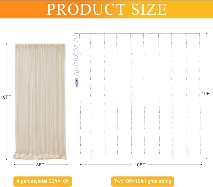 Fomcet Tulle Backdrop Curtains Champagne 20FT X 10FT Tulle Curtains with Lights String Sheer Backdrop Curtain for Parties Wedding Baby Shower Photo Shoot Decorations (4 Panels 5x10FT)