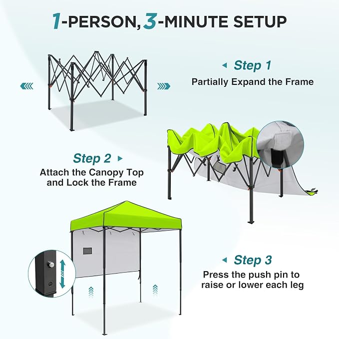 EAGLE PEAK 6x4 Instant Pop Up Canopy Tent with 1 Half Wall Panel, Straight Leg Sun Shelter, Portable Canopy with Carry Bag for Camping, Beach & Sports, Neon Green