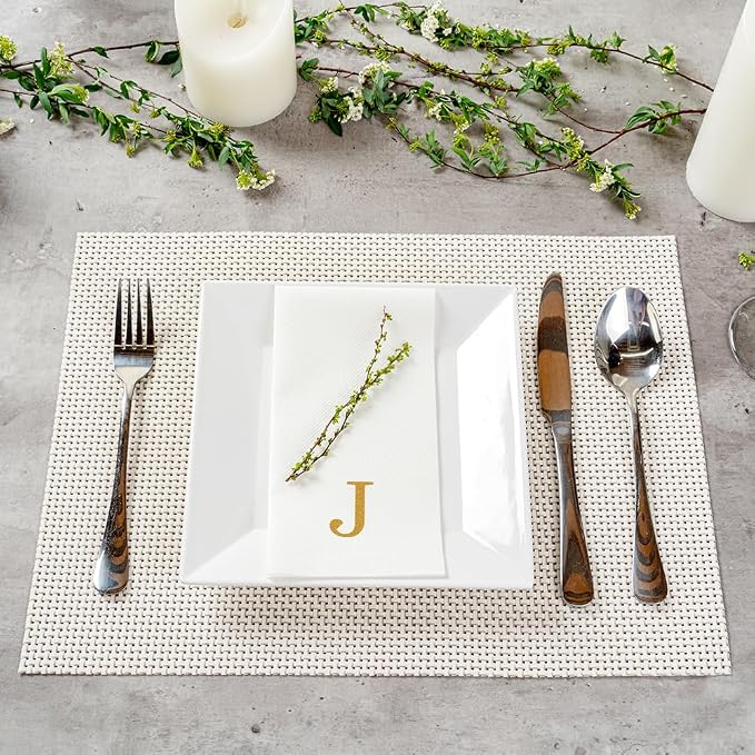 Luxenap 15.8 X 7.9 Inch Linen-Feel Guest Towels, 50 Lettered Hand Towels - Gold Letter 'J', Sans Serif Font, White Paper Dinner Napkins, airlaid, For Restrooms And Tables
