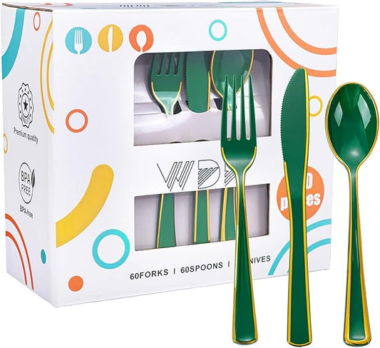 WDF 180PCS Green Plastic Silverware - Green Utensils 60 Forks, 60 Knives and 60 Spoons - Heavy Duty Silverware for Party Supplies/St. Patrick's Day