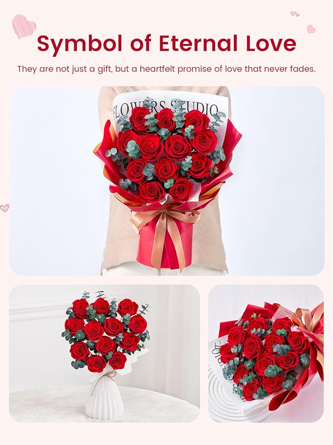 Mosstory 12 Red Preserved Roses Bouquet Flower Bouquet with Led Lights Gift for Women Wife Mother Day Birthday Wedding Anniversary (Red)