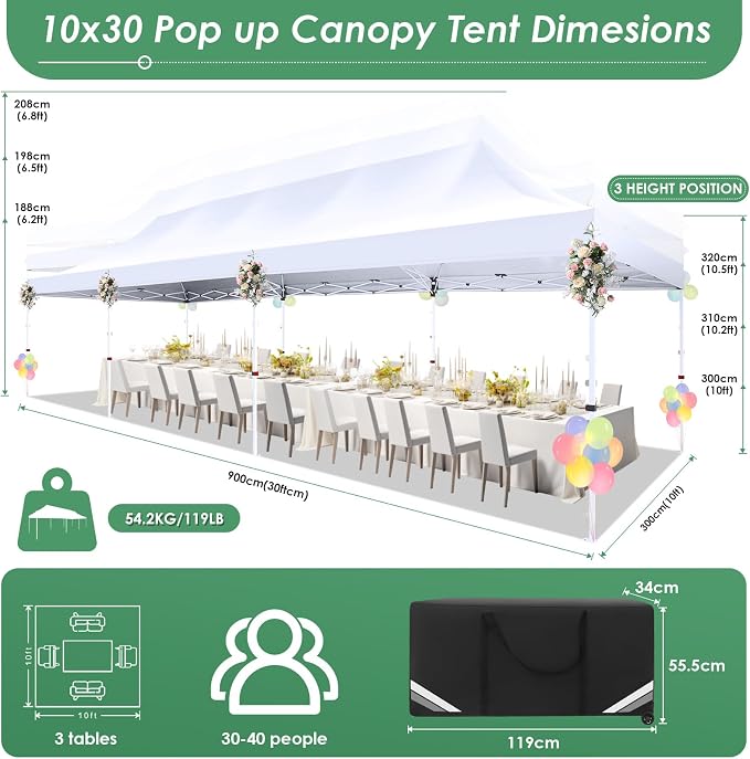 COBIZI 10x30 Pop Up Canopy with 8 Removable Sidewalls Party Tents for Parties Wedding Patio Commercial Waterproof and UV50+ Ez Outdoor Instant Gazebo with Roller Bag & 4 Sandbags（Swan White）