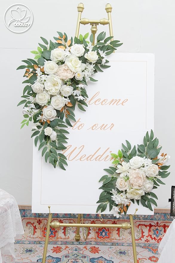 Odouzy Pack of 2 Wedding Arch Decorations Artificial Hanging Flowers Floral Swag for Wedding Welcome Sign Backdrop Balloon Arch Home Party Bridal Ceremony Reusable(White)