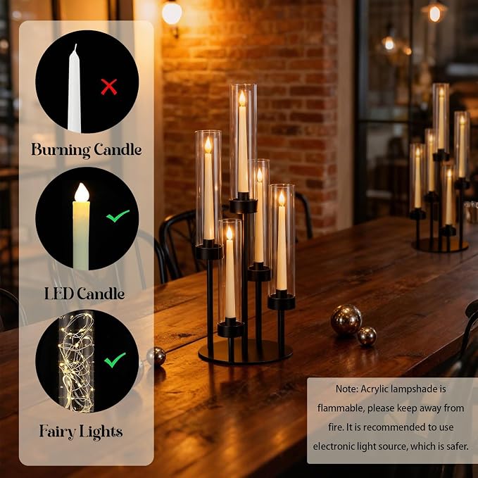 5-Arm Black Metal Table Candelabra Centerpiece, 22" Tall Clear Candlesticks Holder with Shade for Valentines Day Events Party Table Centerpiece,Fit LED Candles (4, Black, S-22in)