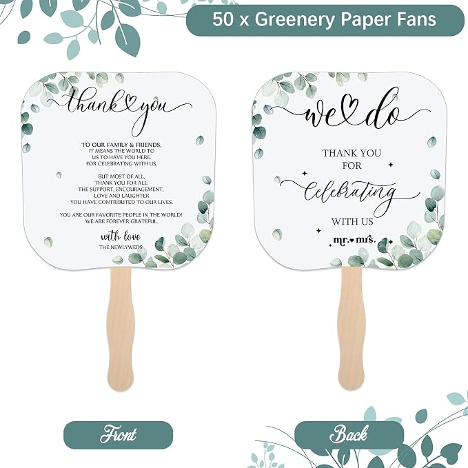 Fumete Wedding Favors for Guests 50 Pcs Wedding Fans and 1 Pc Table Sign Portable Paper Fan with Wooden Handle Hand Fan for Bridal Shower Party Favor Appreciation Gift(Greenery)