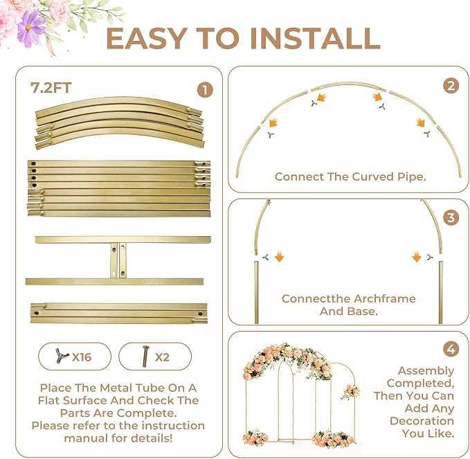 Babenest Gold Arch Backdrop Stand Set of 3, Metal Arch Wedding Stand, Balloon Arch Frame for Ceremony Birthday Party Bridal Baby Shower Banquet Halloween Decoration（ 6FT,6.6FT,7.2FT