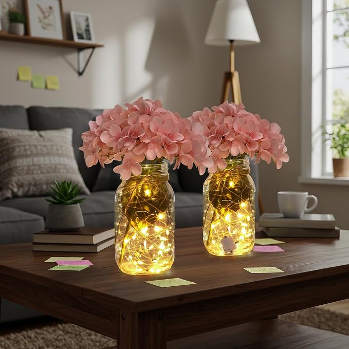 4 Sets Mason Jar Centerpiece with LED Lights and Pink Hydrangea Fake Flowers Vase for Wedding Bridal Shower Party Coffee Table Decor
