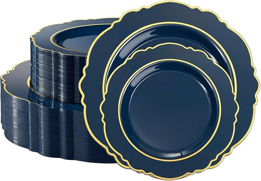 realluck 100PCS Navy Blue and Gold Plastic Plates, Premium Baroque Disposable Plates - 50 Dinner Plates & 50 Dessert Plates, fancy plastic plates for Wedding, Formal Dinner, Birthday