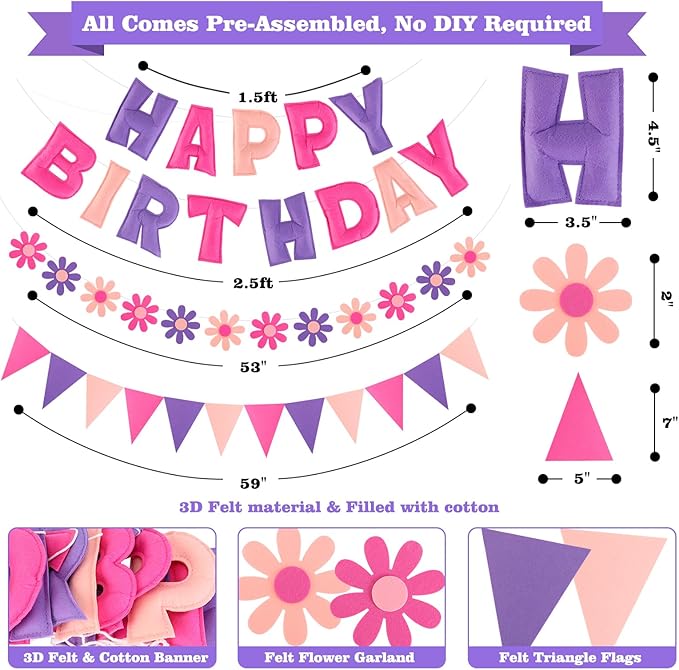 YEOCU Happy Birthday Decorations, No DIY, Pre-Strung 3D Banner | Pink&Purple, 3D felt banner, flower garland & flags. No DIY, reusable for kids & women.