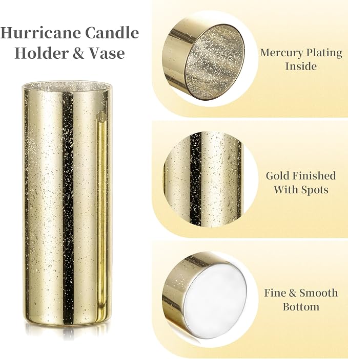 Glass Cylinder Vases Set of 2, Hewory Glittery Gold Vase for Centerpieces, Glass Hurricane Candle Holders for Pillar Floating Candle, Tall Round Vase for Wedding Anniversary Events Home Table Decor
