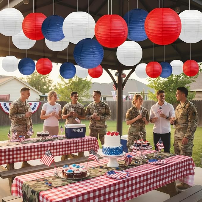 Red Blue and White Paper Lanterns (12 Pack) - Hanging Paper Lanterns for Veterans Day,July 4th Party,Memorial Day,Independence Day Party Decoration