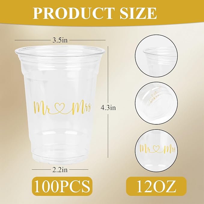 AimFun 100Pcs Mr and Mrs Plastic Cups Wedding Bridal Shower Disposable Party Cups Wedding Reception 12oz Clear Drinking Cup for Anniversary Birthday Party Supplies Decorations (100, Gold)