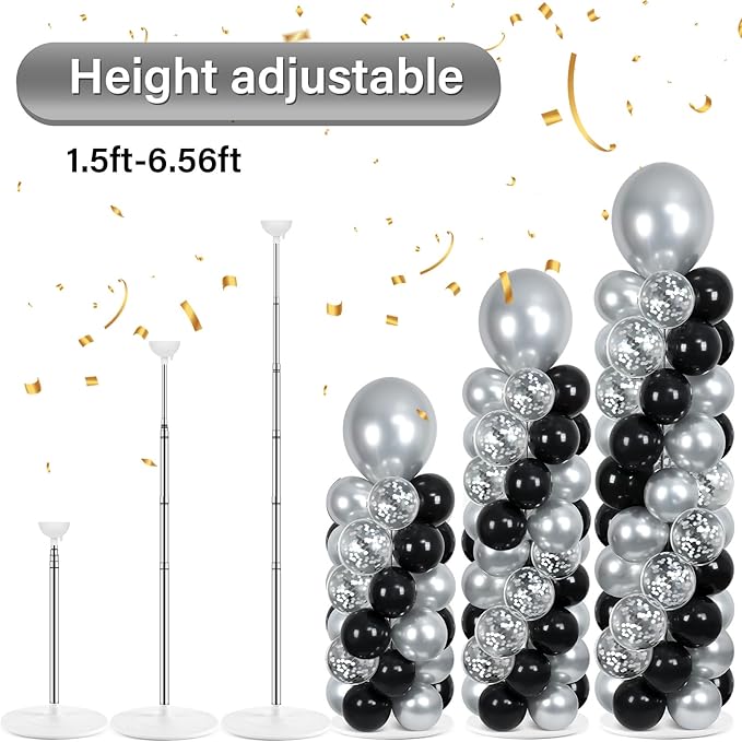 2 Sets Black and Silver Balloon Column Stand Kit with 100 Balloons Graduation Adjustable Tower Stand with Base for Floor Spring Mother's Day Column for Birthday Wedding Party Decor