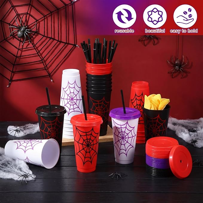 Newtay 24 Pieces Spider Cups with Straws and Lid - 24 Oz Reusable Plastic Spider Web Tumbler Red Black Blue Cups Bulk for Cartoon Birthday Baby Shower Party Favors Decoration Supplies