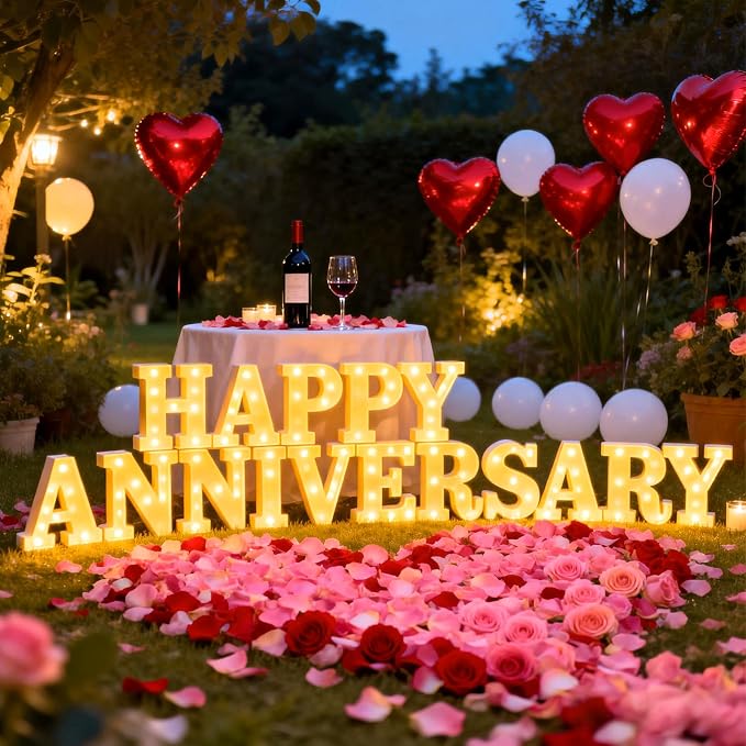 Happy Anniversary Decorations, Light up Letters Sign, with Rose Petals, Round Pearlescent Balloon, Aluminum Balloons, Light LED Neon, Table Decor for Valentine's Day Wedding Romantic Party