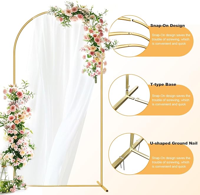 6FT Arch Backdrop Stand and Cover Set, Metal Arch Stand & Cover Set with Ground Nails White Spandex Fitted Arch Covers Stretchy Backdrop with Zipper for Wedding Birthday Party Baby Shower Banquet