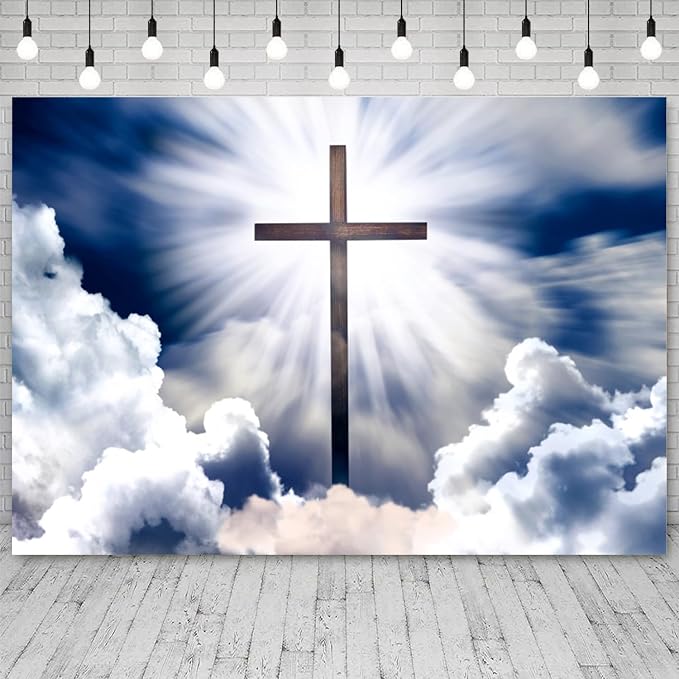 15x10ft Heavenly Cross Backdrop Blue Sky Cloud Photography Background Holy Crucifix Jesus Christ Religious Pray Church Event Easter Banner Decorations Baby Shower Portrait Photo Booth Prop