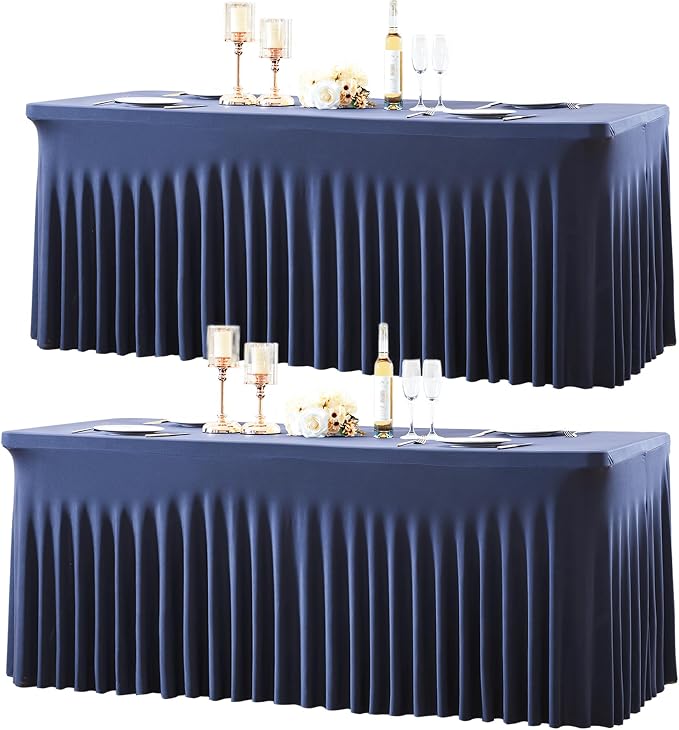 gogoparti 2 Pack Spandex Navy Blue Fitted Table Cloth for 6ft Rectangle Tables Navy Blue Stretch Tablecloth Banquet Table Covers Skirt Wrinkle Free Tablecloths for Parties Wedding