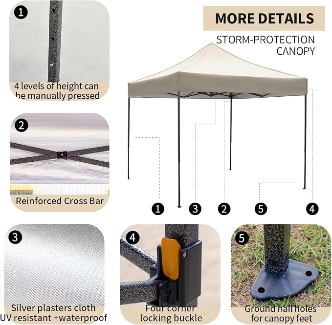 10x10 Heavy Duty Canopy Pop Up Commercial Canopy Tent, Vendor Tent with 400D Oxford Fabric for Camping Outdoor Events Parties Weddings, UPF 50+ Waterproof (Khaki)