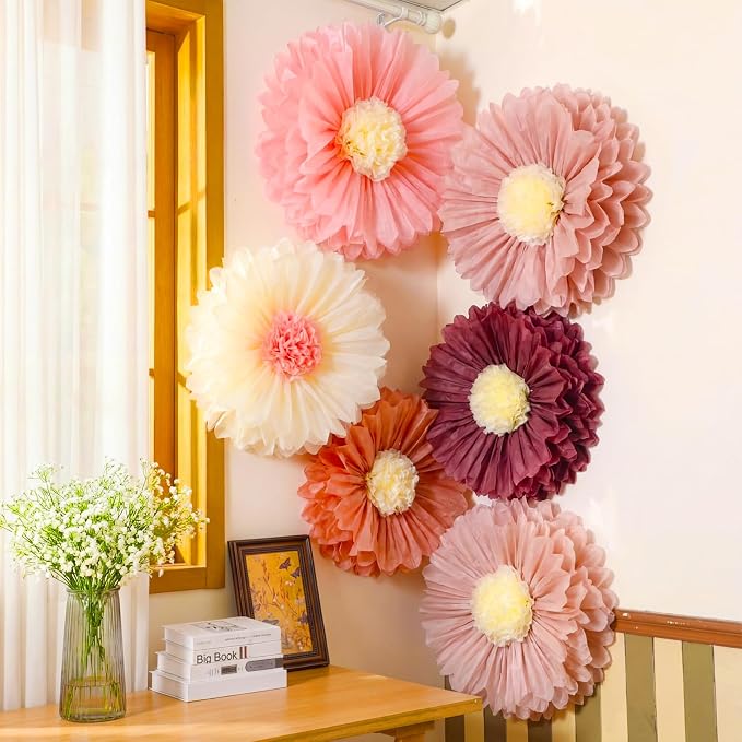 Giegxin 6 Pcs 31.5", 24" Pink Giant Paper Flower Boho Large Tissue Paper Flower for Wall Big Pink Pom Pom Floral Decorations for Wedding Bridal Shower Tea Party Baby Shower Classroom Birthday Decor