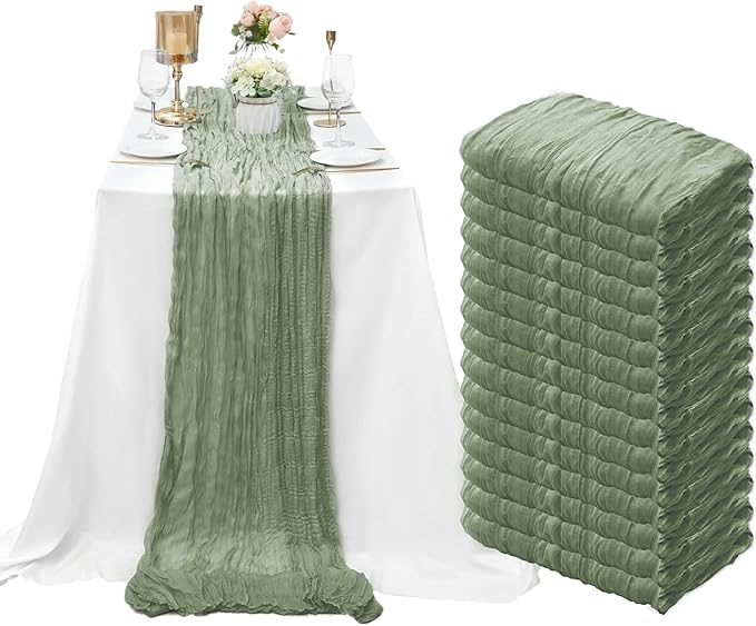 15 Pack Cheesecloth Table Runner 6FT Gauze Cheese Cloth Table Runner 35x 72Inch Boho Table Runners Romantic Table Cover for Wedding Birthday Party Engagement Bridal Baby Shower Table Decor(Sage Green)