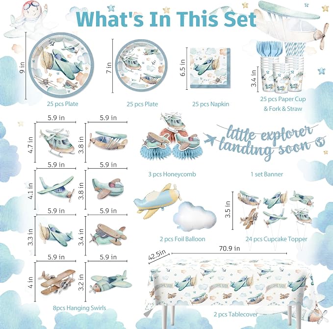202PCS Airplane Baby Shower Decorations for Boy, Tableware Set Serves 25, Blue Airplane Theme Party Supplies with Banner, Plates, Tablecloth, Cups, Cupcake Toppers & Centerpieces