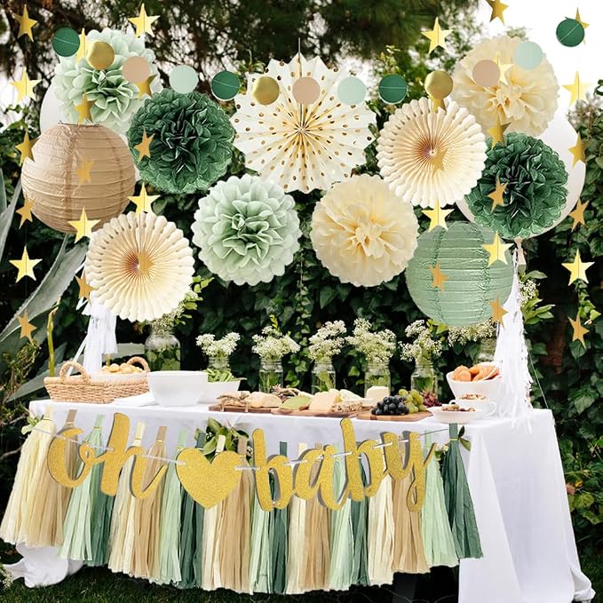 Sage Green Baby Shower Decorations Boy Oh Baby Banner Olive Sage Green Paper Pom Poms Paper Tassel Garlands for Baby Gender Reveal Party Decor