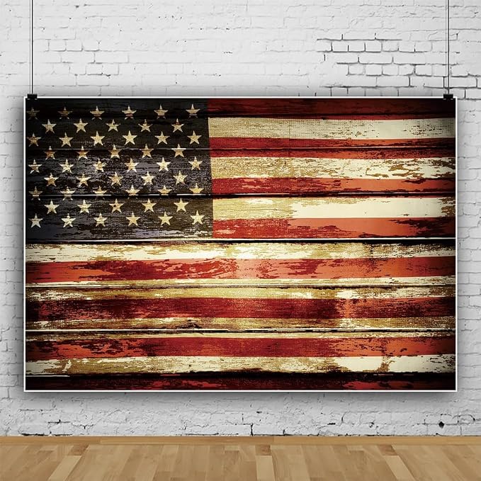 Laeacco 20x10ft Vintage American Flag Backdrop Rustic Wooden Board Happy Independence Day Photography Background for Patriotic Memorial National Day Decoration Veterans Party Banner Photo Booth Props
