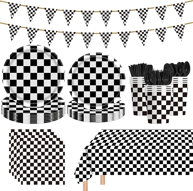 170 Pcs Race Car Party Plates and Napkins Sets, Black and White Checkered Birthday Decorations Tableware, Racing Sports Themed Dinnerware for Kids Boys Birthday Baby Shower Home Decor, Serves 24
