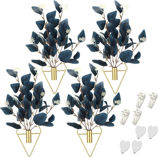Hanaive 4 Sets Boho Wall Decor Metal Wall Art Hanging Planters with Blue Artificial Eucalyptus Display Modern Home Vase for Bedroom Home Office