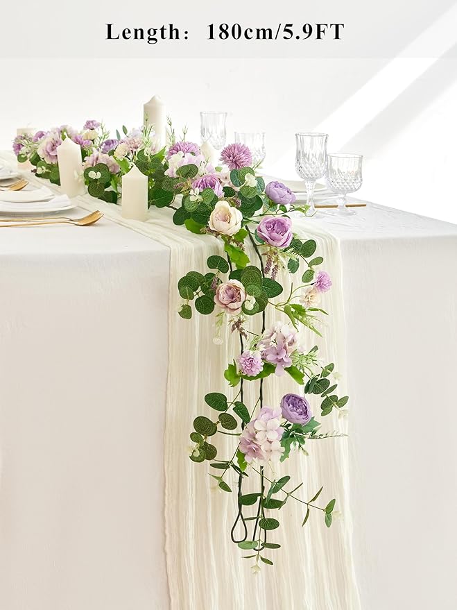 MISSPIN 5.9Ft Eucalyptus Garland with Flowers, Artificial Fake Flower Greenery Spring Garland for Baby Shower Wedding Mantle Table Centerpiece Spring Decor