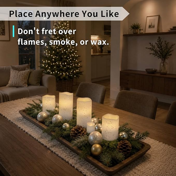FURORA LIGHTING White Glitter Flameless Candles - Real Wax, Adjustable Brightness, Remote & Timer - 4 Pillars (3x4, 3x6) and 4 Votives, 8-Pack, Battery Operated