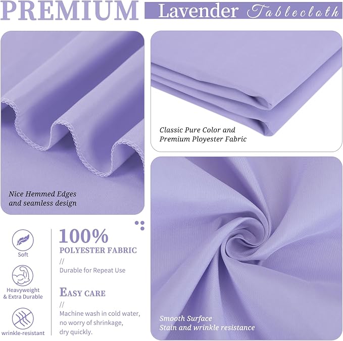 Showgeous 4 Pack Lavender Rectangle Tablecloth 60 x 102 Inch, Wrinkle Resistant Washable Polyester Table Cover for Wedding Dining Table Buffet Parties and Camping